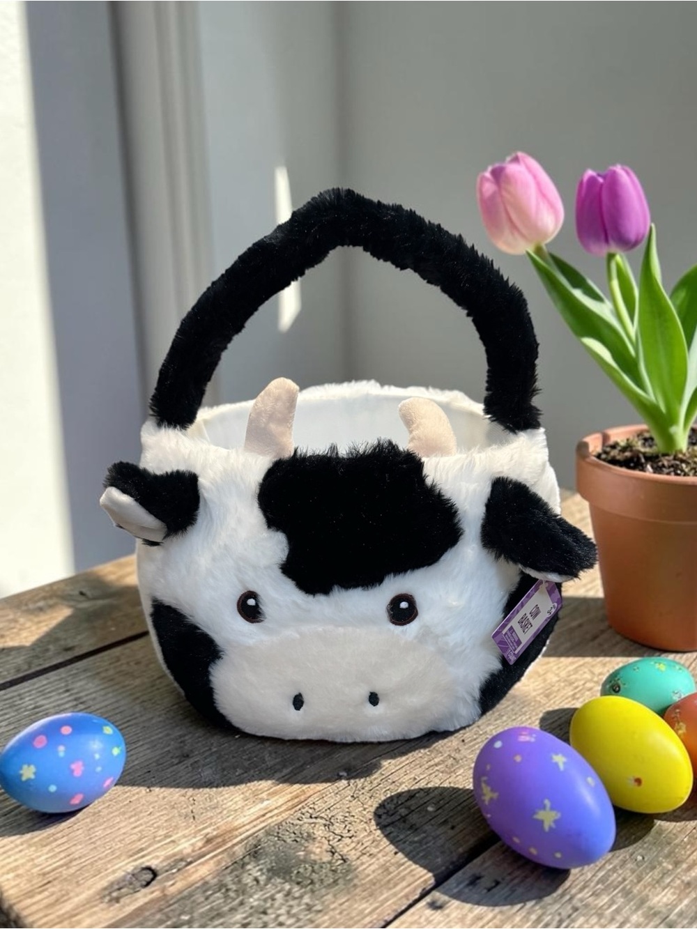 Festive Voice Faux Fur Cow Easter Basket NWT